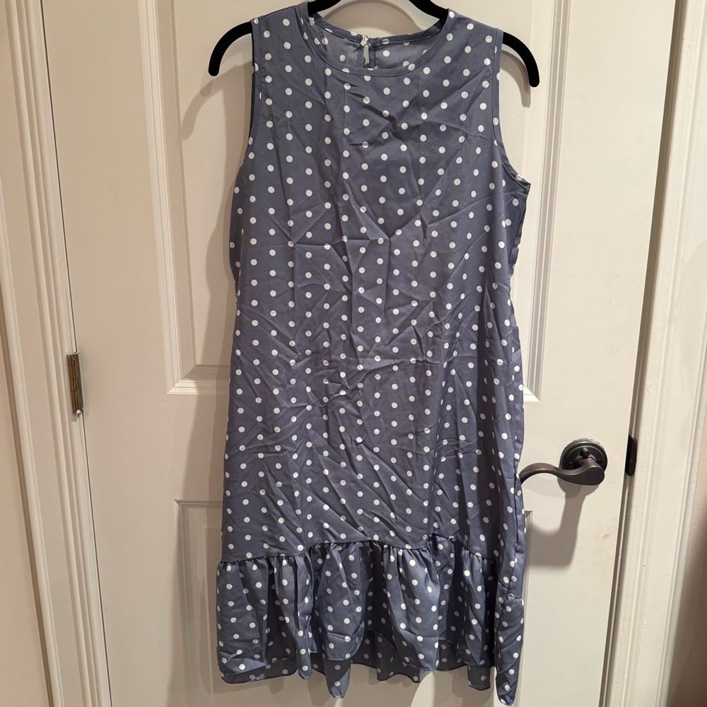 Sleeveless Blue Polka Dot Ruffle Hem Dress